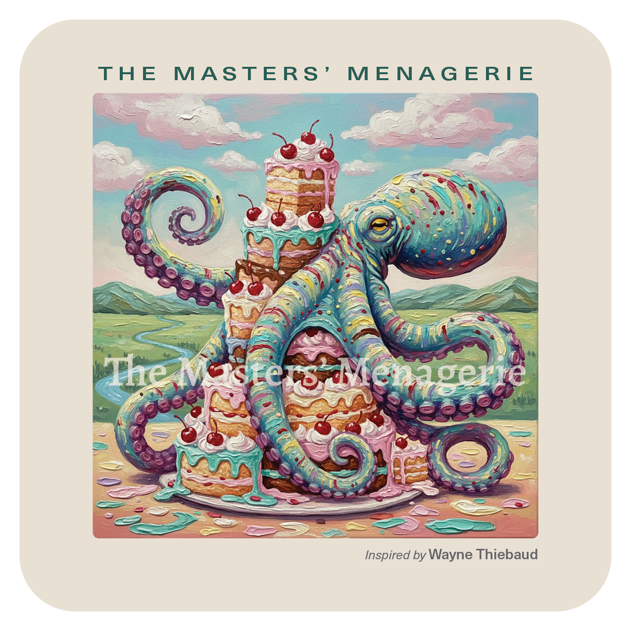 Giant Pacific Octopus art coaster inspired by Wayne Thiebaud, surrounded by brightly colored cakes and desserts in a playful painted scene.