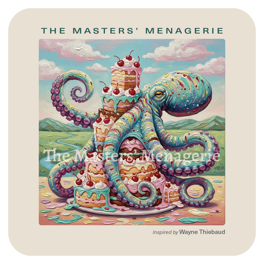 Giant Pacific Octopus art coaster inspired by Wayne Thiebaud, surrounded by brightly colored cakes and desserts in a playful painted scene.