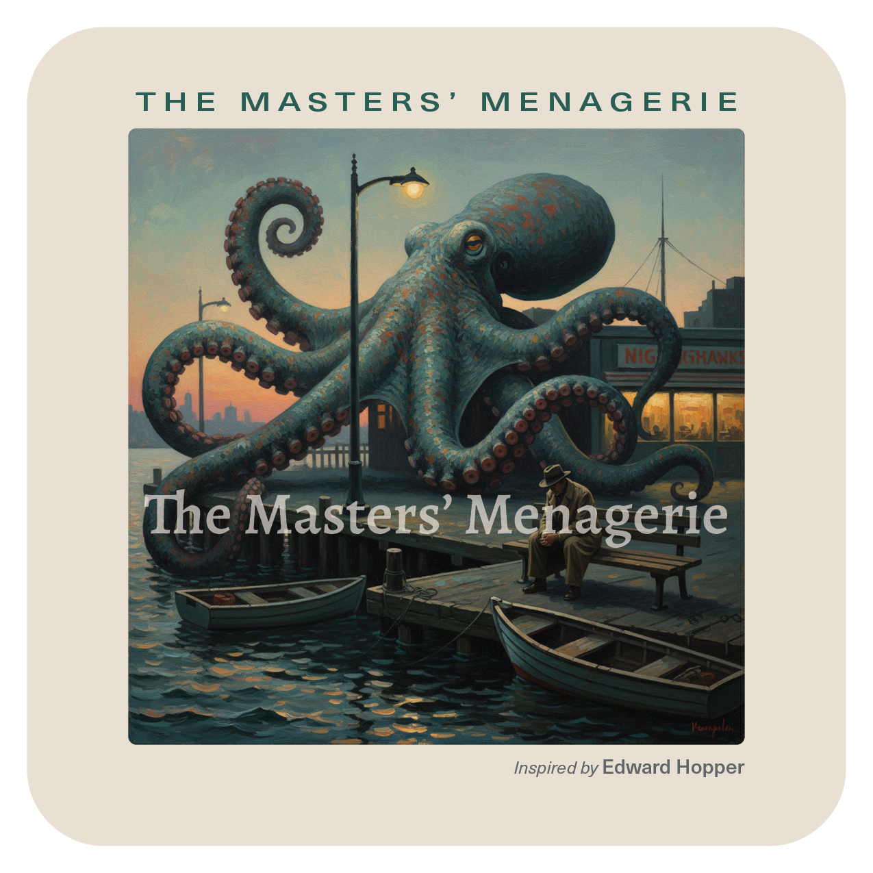 Giant Pacific Octopus art coaster inspired by Edward Hopper, in a quiet waterfront scene with a dock and a solitary atmospheric mood.