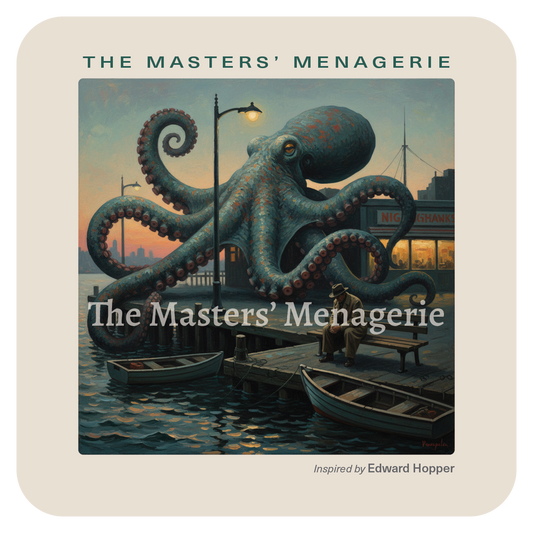 Giant Pacific Octopus art coaster inspired by Edward Hopper, in a quiet waterfront scene with a dock and a solitary atmospheric mood.
