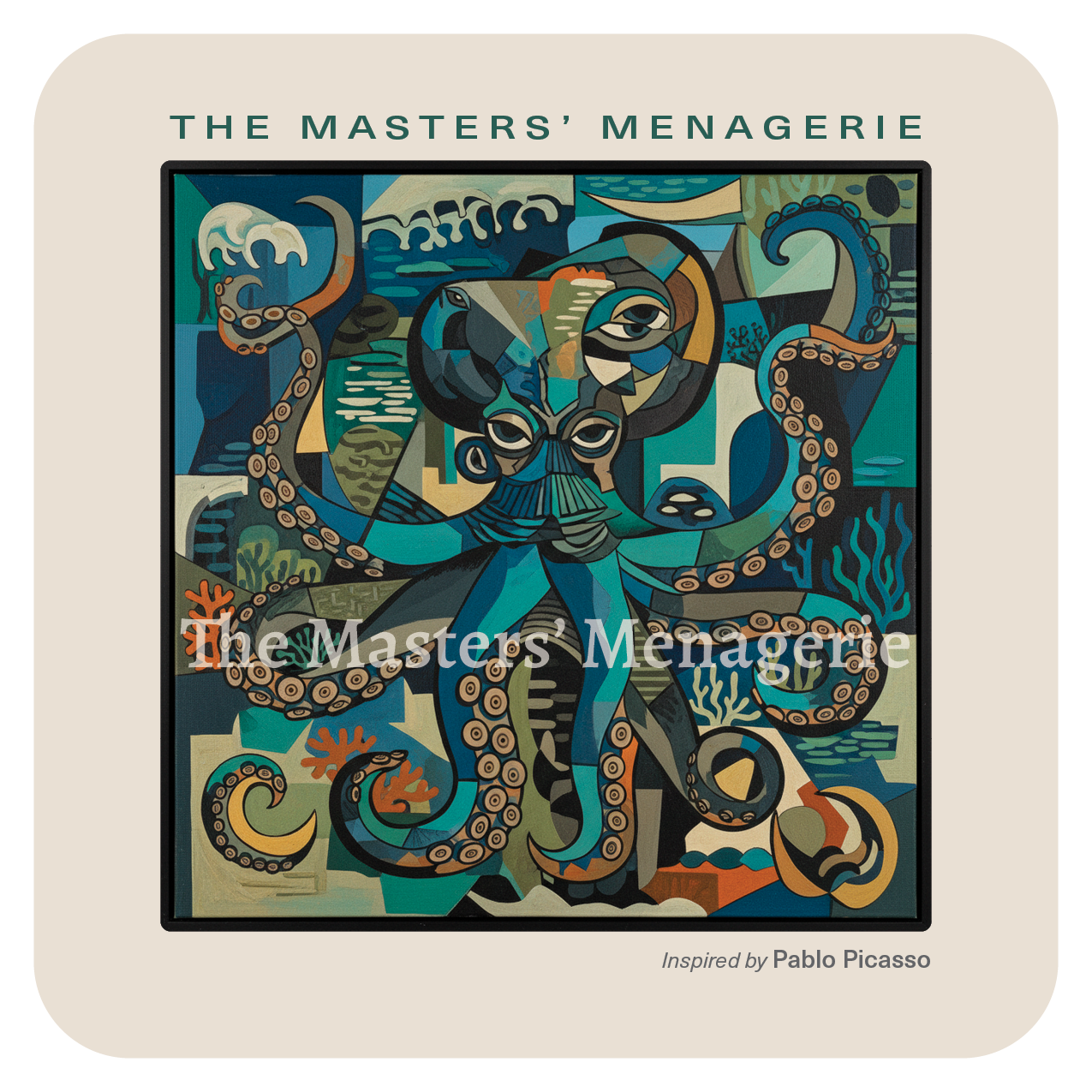 Giant Pacific Octopus art coaster inspired by Pablo Picasso, fragmented into angular Cubist shapes with multiple overlapping perspectives.