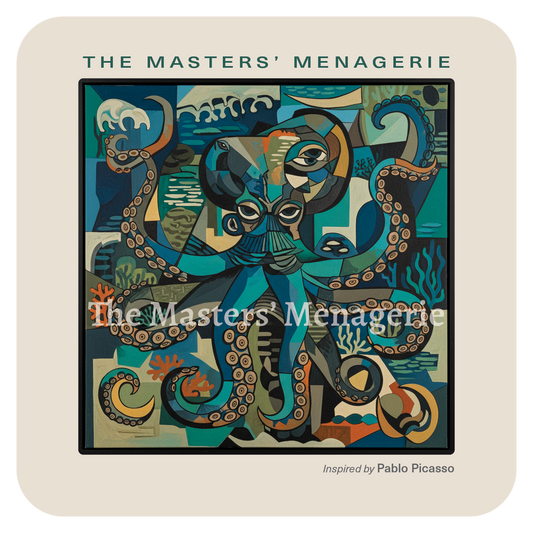 Giant Pacific Octopus art coaster inspired by Pablo Picasso, fragmented into angular Cubist shapes with multiple overlapping perspectives.