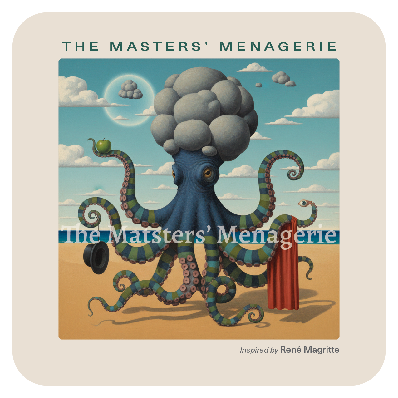 Giant Pacific Octopus art coaster inspired by René Magritte, in a surreal landscape with unexpected floating objects and dreamlike imagery.