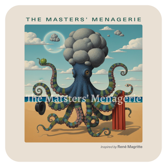 Giant Pacific Octopus art coaster inspired by René Magritte, in a surreal landscape with unexpected floating objects and dreamlike imagery.