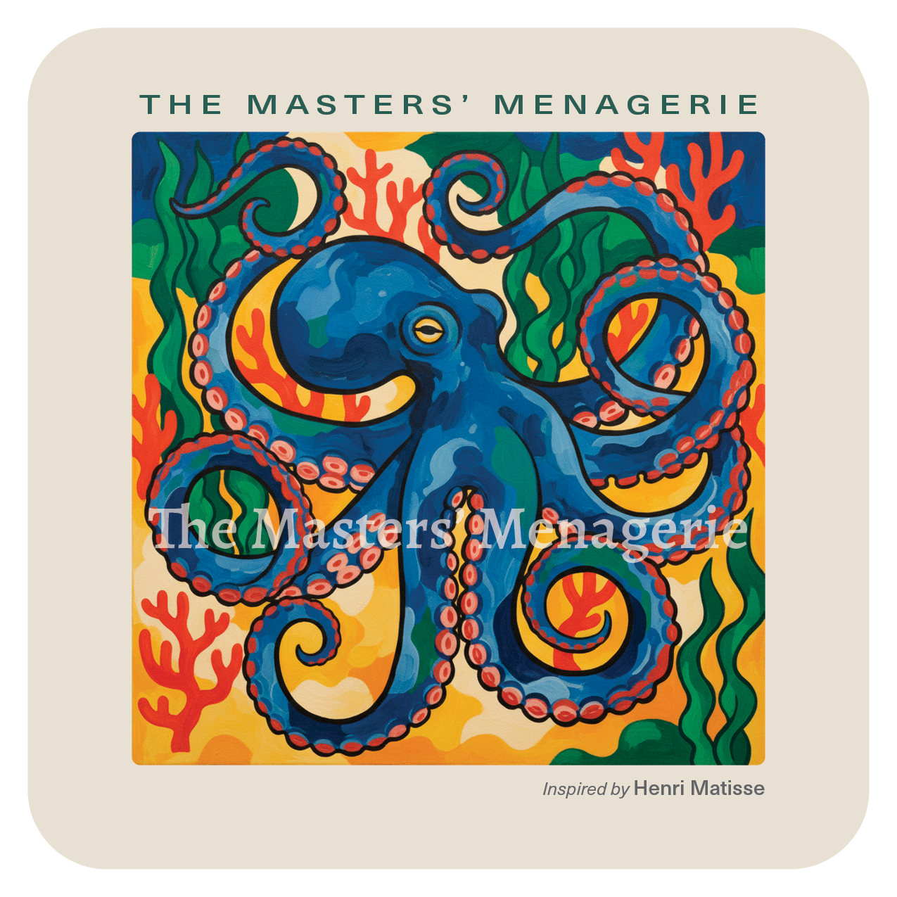 Giant Pacific Octopus art coaster inspired by Henri Matisse, surrounded by bold colorful shapes and lively decorative patterns.