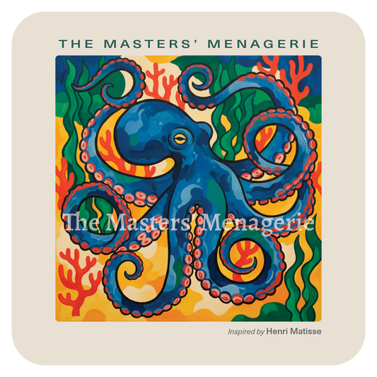 Giant Pacific Octopus art coaster inspired by Henri Matisse, surrounded by bold colorful shapes and lively decorative patterns.