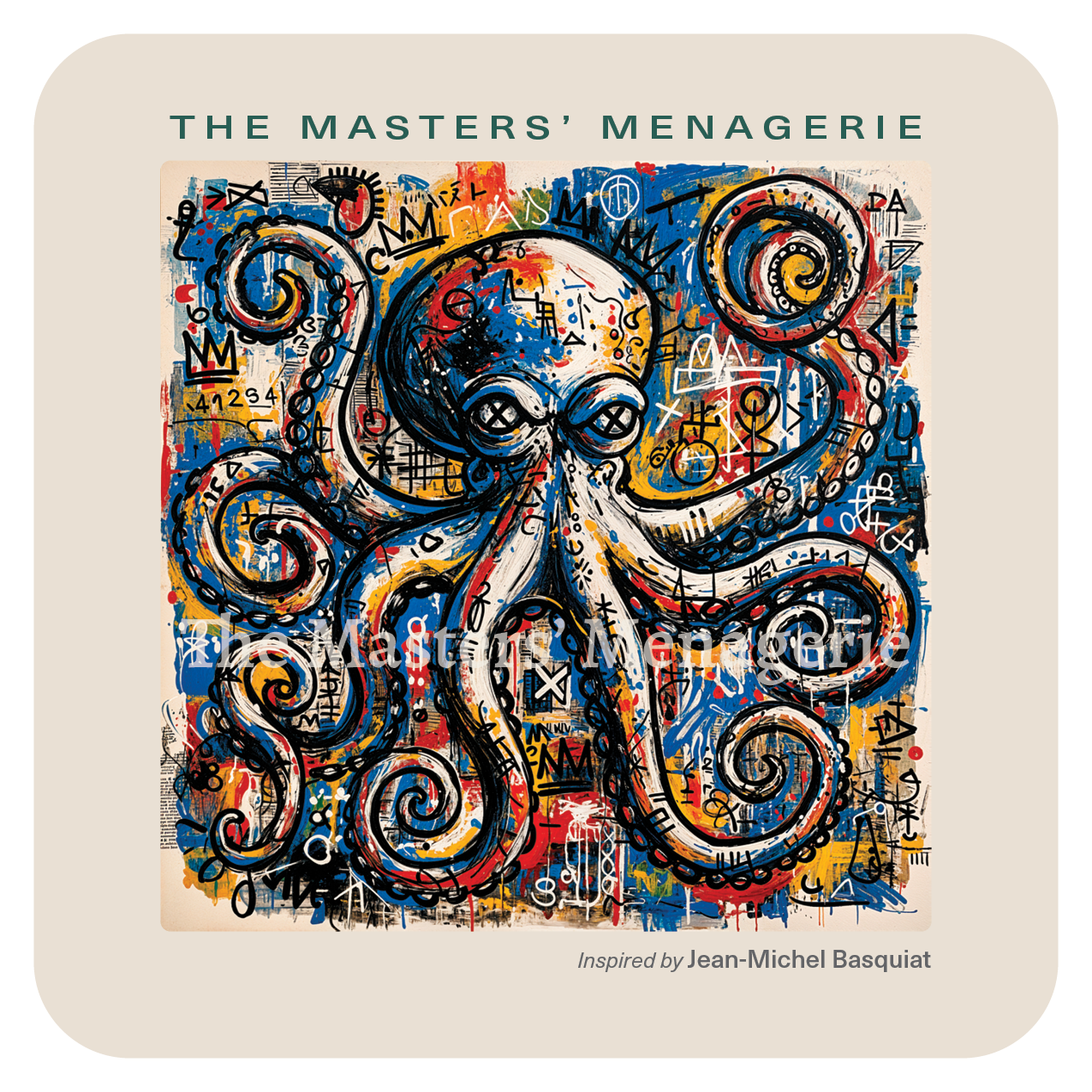 Giant Pacific Octopus art coaster inspired by Jean-Michel Basquiat, with energetic marks, vivid colors and expressive graffiti-like elements.