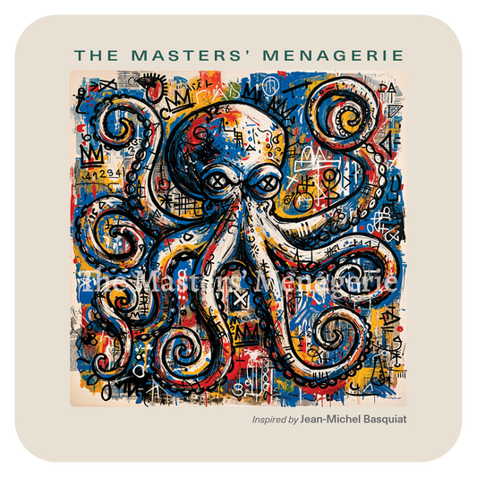 Giant Pacific Octopus art coaster inspired by Jean-Michel Basquiat, with energetic marks, vivid colors and expressive graffiti-like elements.