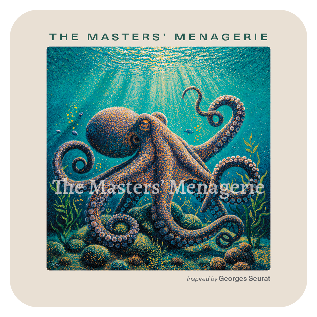 Giant Pacific Octopus art coaster inspired by Georges Seurat, rendered in small dots of color with a softly shimmering Pointillist effect.