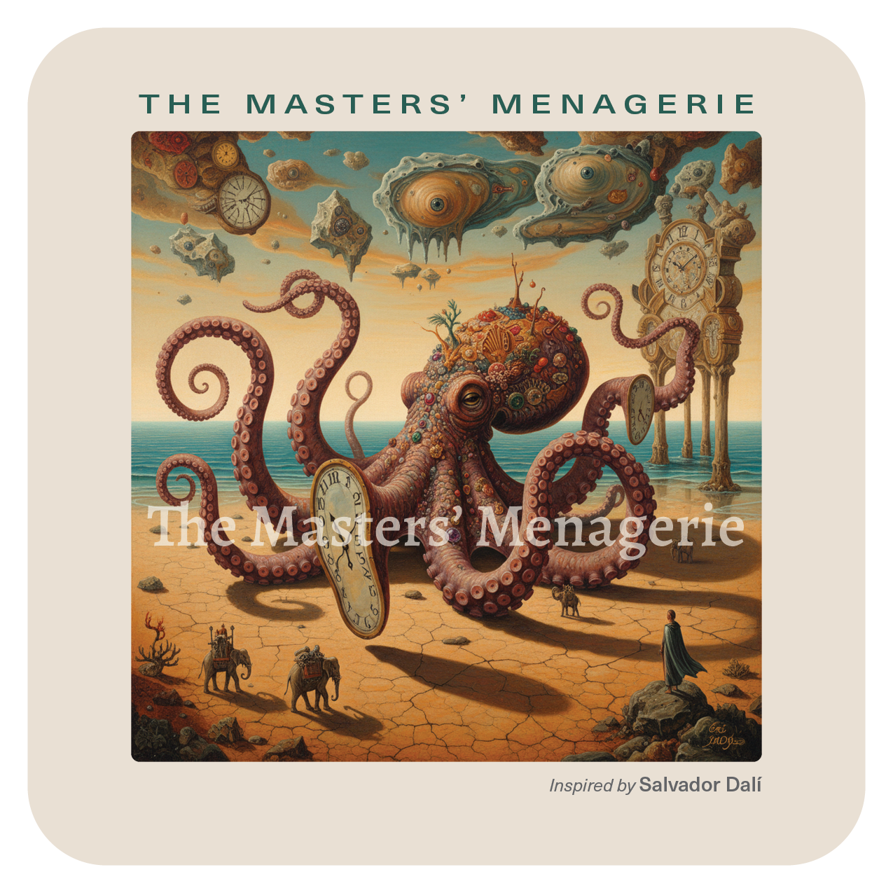 Giant Pacific Octopus art coaster inspired by Salvador Dalí, in a surreal dreamlike landscape filled with strange and distorted forms.