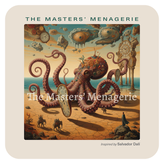 Giant Pacific Octopus art coaster inspired by Salvador Dalí, in a surreal dreamlike landscape filled with strange and distorted forms.