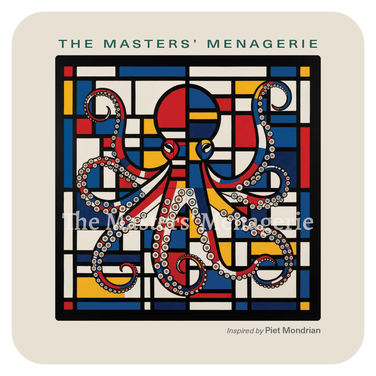 Giant Pacific Octopus art coaster inspired by Piet Mondrian, surrounded by black grid lines and geometric blocks of red, yellow and blue.