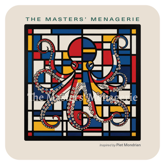 Giant Pacific Octopus art coaster inspired by Piet Mondrian, surrounded by black grid lines and geometric blocks of red, yellow and blue.