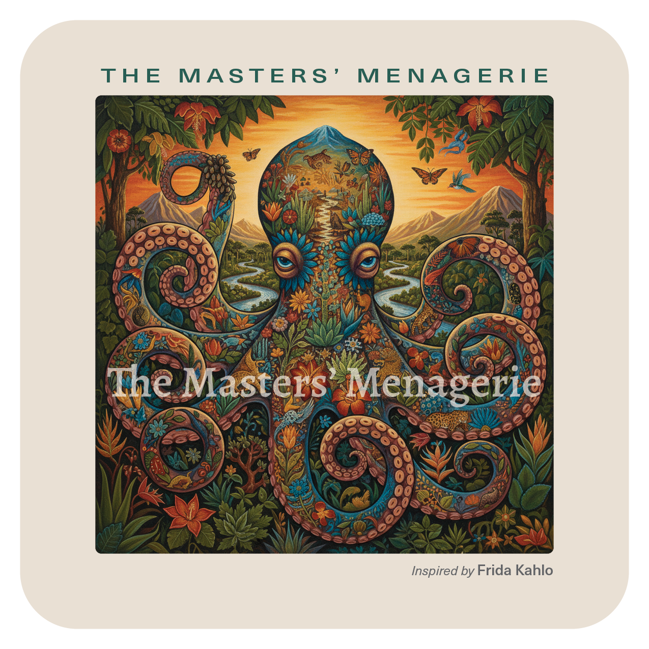 Giant Pacific Octopus art coaster inspired by Frida Kahlo, surrounded by lush flowers, foliage and richly colored symbolic details.