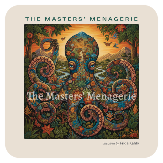 Giant Pacific Octopus art coaster inspired by Frida Kahlo, surrounded by lush flowers, foliage and richly colored symbolic details.