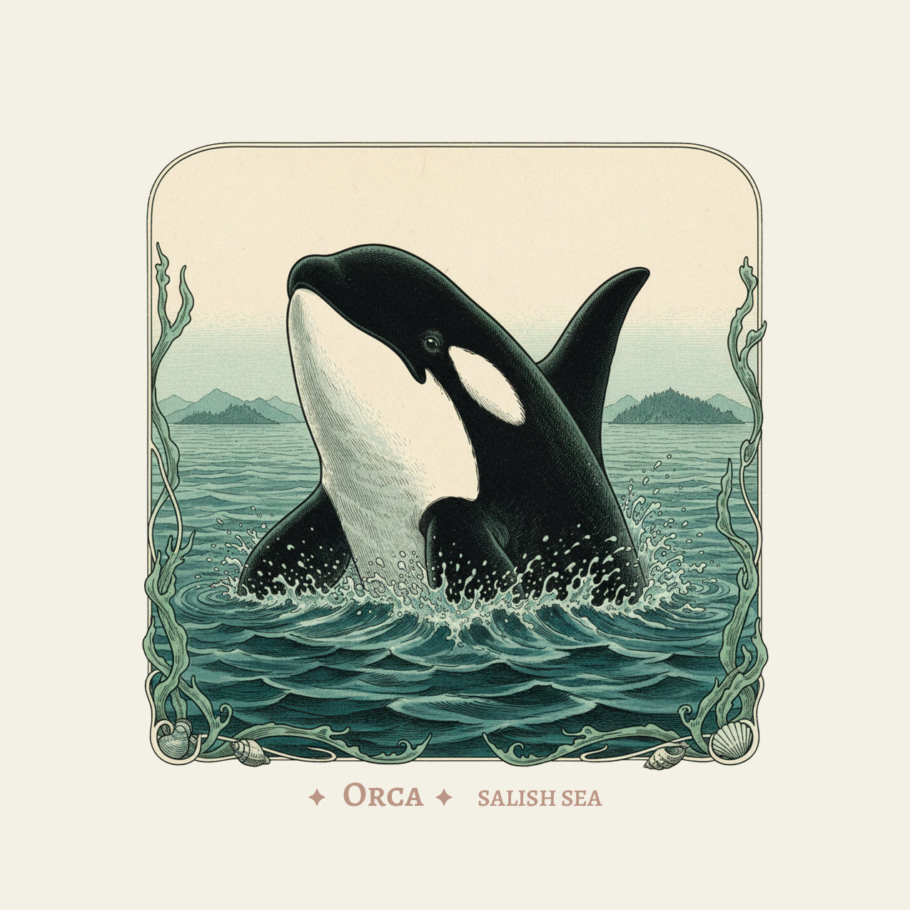 Square illustrated coaster featuring an orca rising from blue-green Salish Sea water, framed by a decorative border with shells and seaweed. The artwork includes “ORCA” and “SALISH SEA” at the bottom.