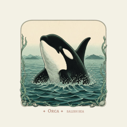 Square illustrated coaster featuring an orca rising from blue-green Salish Sea water, framed by a decorative border with shells and seaweed. The artwork includes “ORCA” and “SALISH SEA” at the bottom.